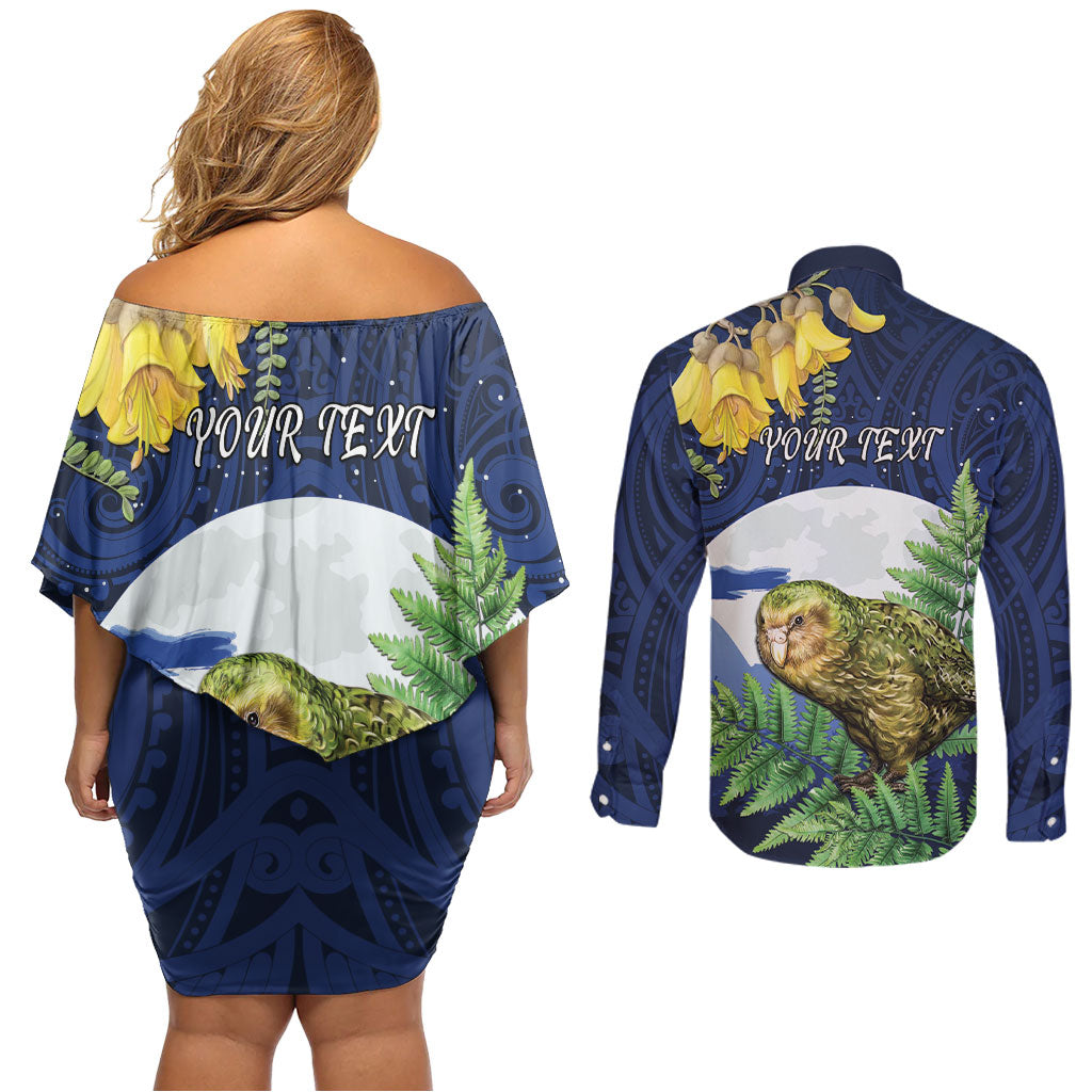 Kakapo New Zealand Personalised Couples Matching Off Shoulder Short Dress and Long Sleeve Button Shirt Kowhai Flower Silver Fern Maori Pattern LT22 - Polynesian Pride