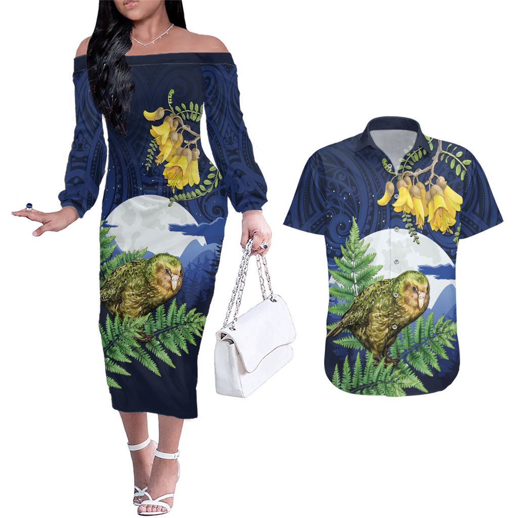 Kakapo New Zealand Personalised Couples Matching Off The Shoulder Long Sleeve Dress and Hawaiian Shirt Kowhai Flower Silver Fern Maori Pattern LT22 Blue - Polynesian Pride