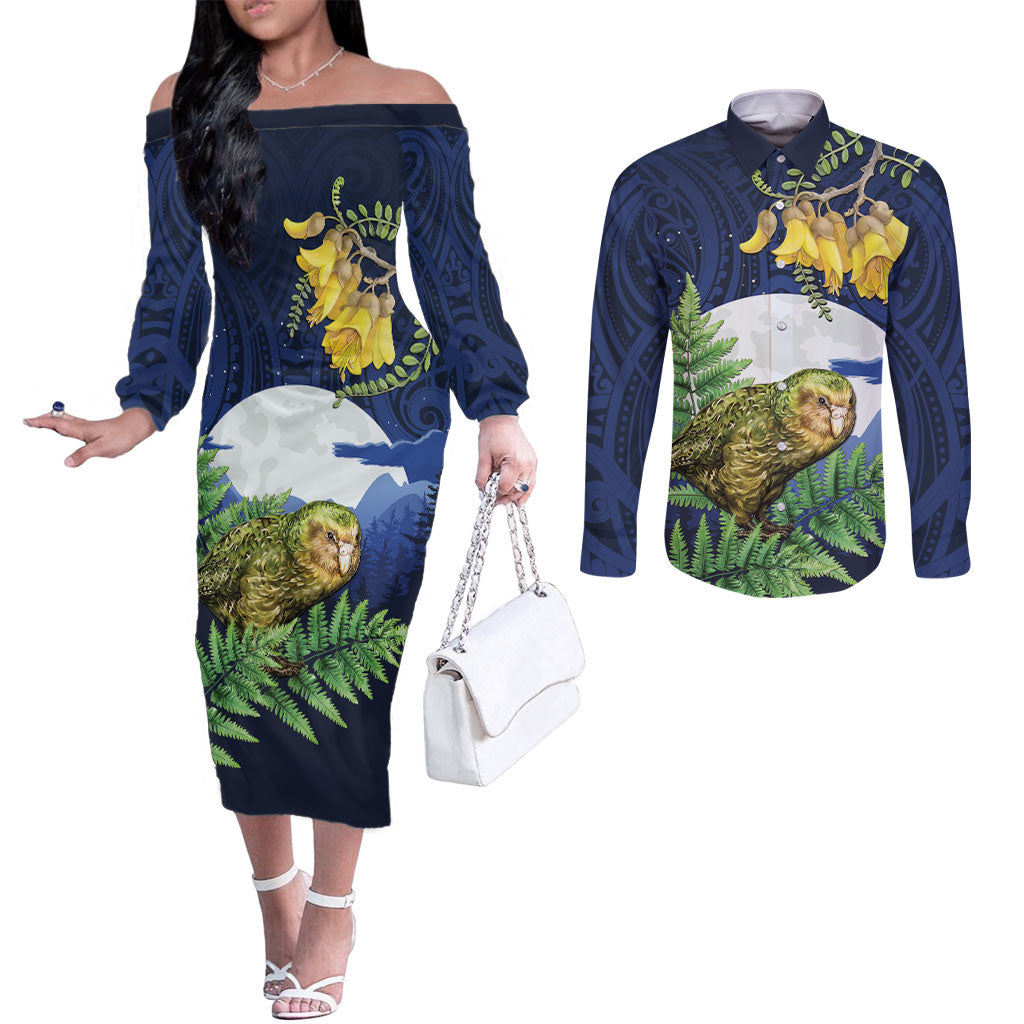 Kakapo New Zealand Personalised Couples Matching Off The Shoulder Long Sleeve Dress and Long Sleeve Button Shirt Kowhai Flower Silver Fern Maori Pattern LT22 Blue - Polynesian Pride
