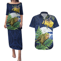 Kakapo New Zealand Personalised Couples Matching Puletasi and Hawaiian Shirt Kowhai Flower Silver Fern Maori Pattern LT22 Blue - Polynesian Pride