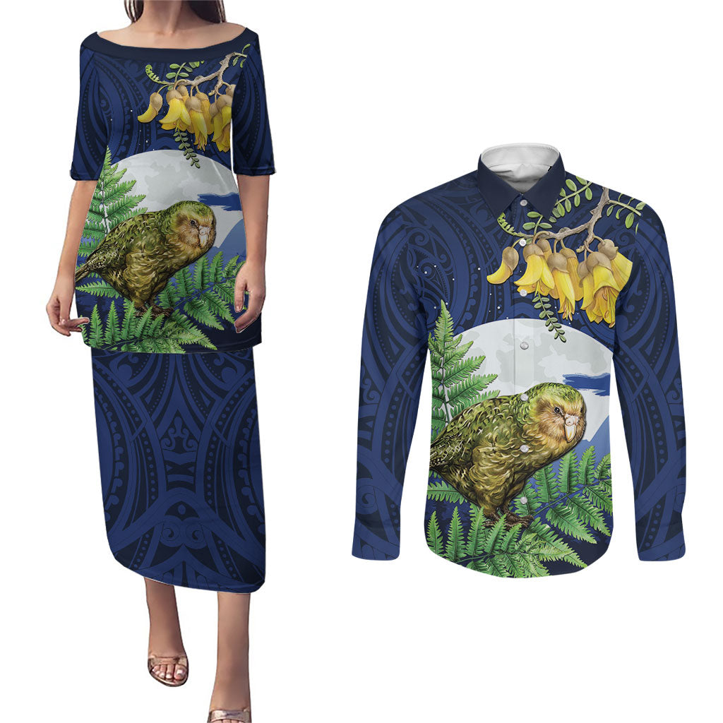Kakapo New Zealand Personalised Couples Matching Puletasi and Long Sleeve Button Shirt Kowhai Flower Silver Fern Maori Pattern LT22 Blue - Polynesian Pride