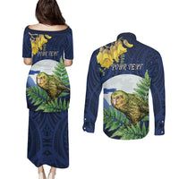 Kakapo New Zealand Personalised Couples Matching Puletasi and Long Sleeve Button Shirt Kowhai Flower Silver Fern Maori Pattern LT22 - Polynesian Pride
