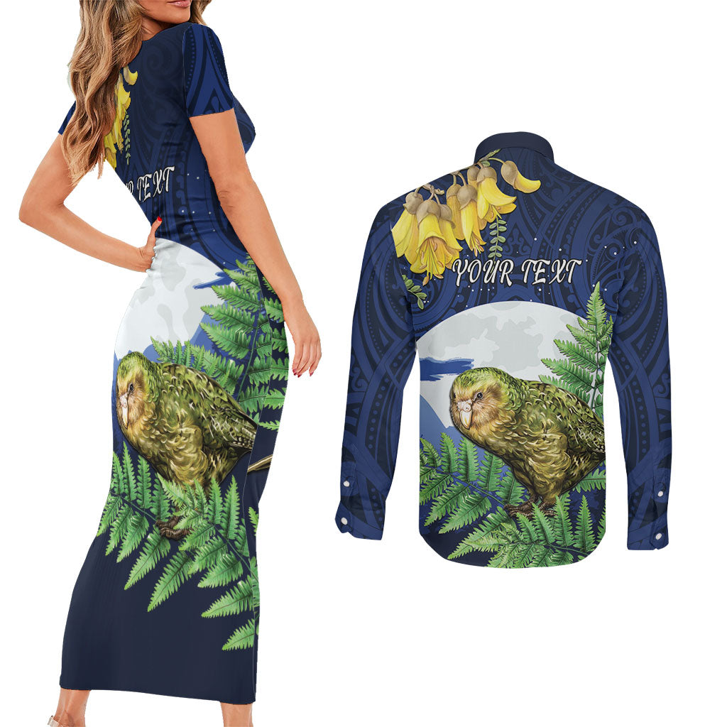 Kakapo New Zealand Personalised Couples Matching Short Sleeve Bodycon Dress and Long Sleeve Button Shirt Kowhai Flower Silver Fern Maori Pattern LT22 - Polynesian Pride