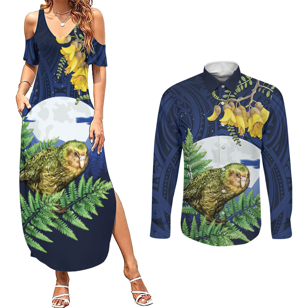 Kakapo New Zealand Personalised Couples Matching Summer Maxi Dress and Long Sleeve Button Shirt Kowhai Flower Silver Fern Maori Pattern LT22 Blue - Polynesian Pride