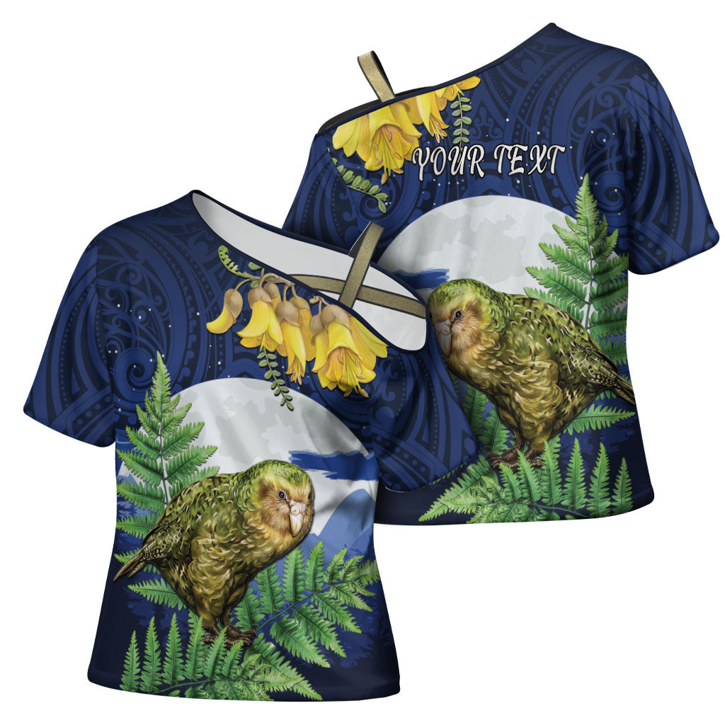 Kakapo New Zealand Personalised Cross Shoulder Shirt Kowhai Flower Silver Fern Maori Pattern LT22 - Polynesian Pride