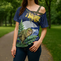 Kakapo New Zealand Personalised Cross Shoulder Shirt Kowhai Flower Silver Fern Maori Pattern LT22 - Polynesian Pride