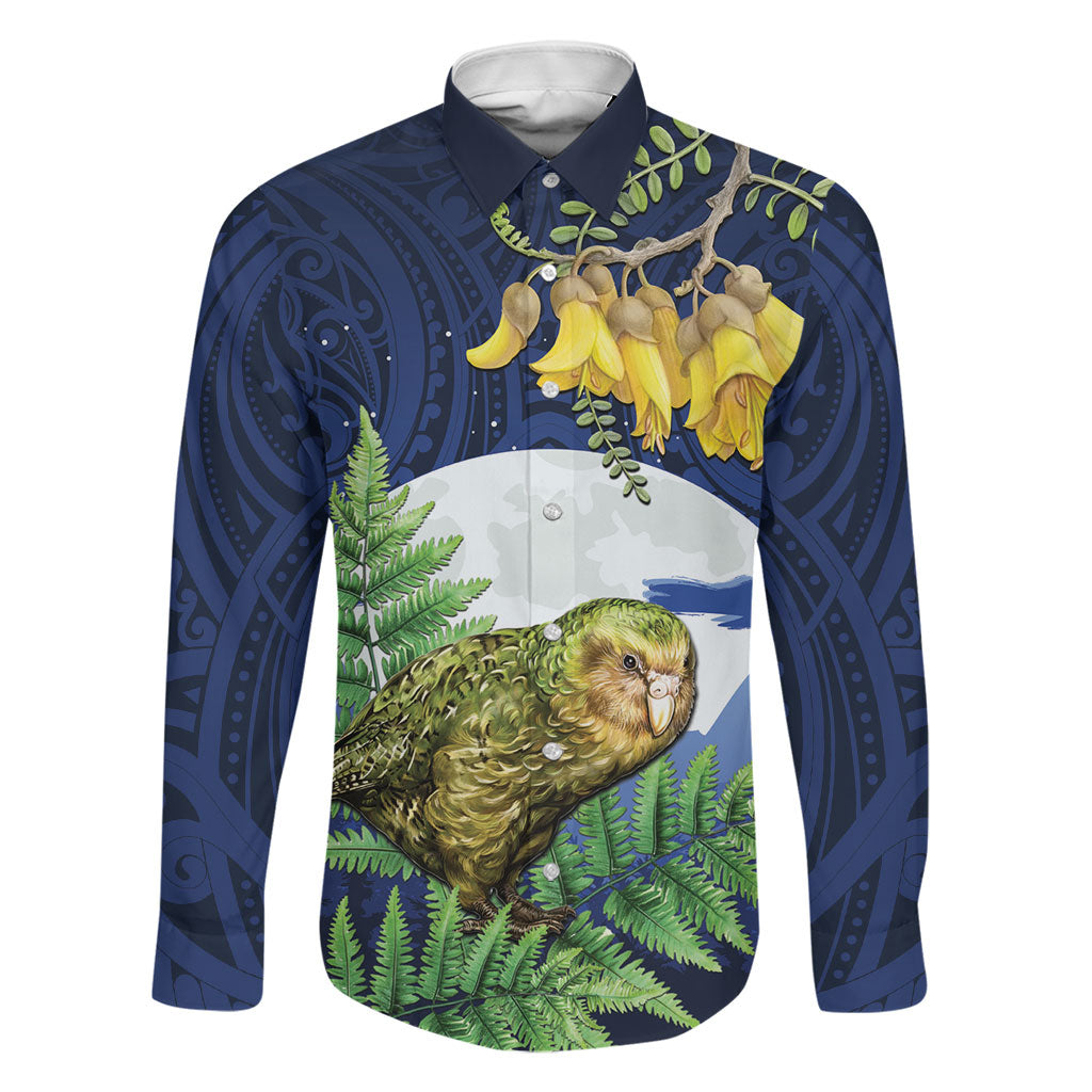 Kakapo New Zealand Personalised Family Matching Long Sleeve Bodycon Dress and Hawaiian Shirt Kowhai Flower Silver Fern Maori Pattern LT22 Dad's Shirt - Long Sleeve Blue - Polynesian Pride