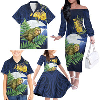 Kakapo New Zealand Personalised Family Matching Off The Shoulder Long Sleeve Dress and Hawaiian Shirt Kowhai Flower Silver Fern Maori Pattern LT22 - Polynesian Pride