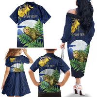 Kakapo New Zealand Personalised Family Matching Off The Shoulder Long Sleeve Dress and Hawaiian Shirt Kowhai Flower Silver Fern Maori Pattern LT22 - Polynesian Pride