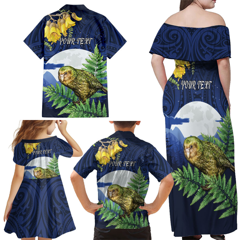 Kakapo New Zealand Personalised Family Matching Off Shoulder Maxi Dress and Hawaiian Shirt Kowhai Flower Silver Fern Maori Pattern LT22 - Polynesian Pride