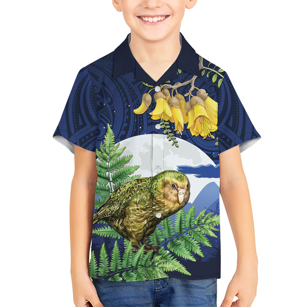 Kakapo New Zealand Personalised Family Matching Off Shoulder Maxi Dress and Hawaiian Shirt Kowhai Flower Silver Fern Maori Pattern LT22 Son's Shirt Blue - Polynesian Pride