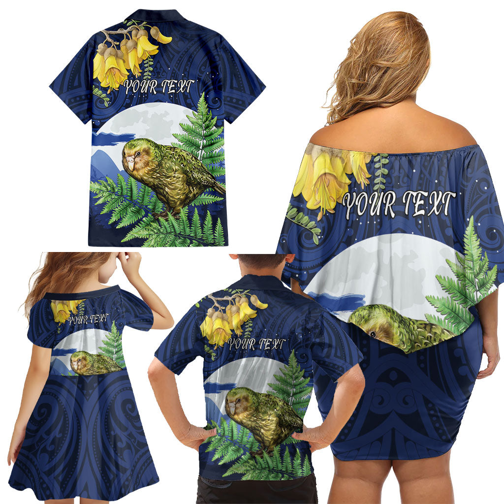Kakapo New Zealand Personalised Family Matching Off Shoulder Short Dress and Hawaiian Shirt Kowhai Flower Silver Fern Maori Pattern LT22 - Polynesian Pride