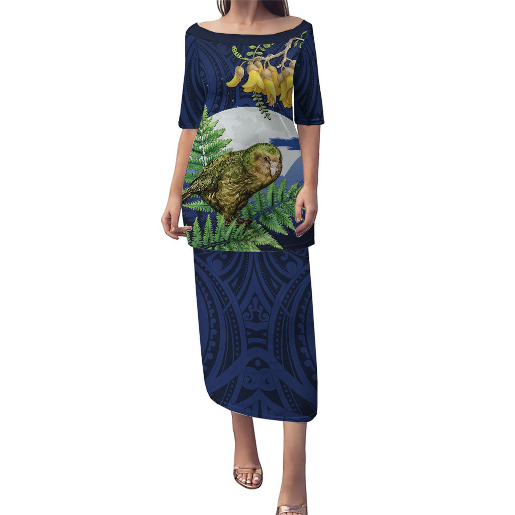 Kakapo New Zealand Personalised Family Matching Puletasi and Hawaiian Shirt Kowhai Flower Silver Fern Maori Pattern LT22 Mom's Dress Blue - Polynesian Pride