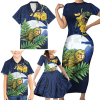 Kakapo New Zealand Personalised Family Matching Short Sleeve Bodycon Dress and Hawaiian Shirt Kowhai Flower Silver Fern Maori Pattern LT22 - Polynesian Pride
