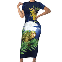 Kakapo New Zealand Personalised Family Matching Short Sleeve Bodycon Dress and Hawaiian Shirt Kowhai Flower Silver Fern Maori Pattern LT22 Mom's Dress Blue - Polynesian Pride
