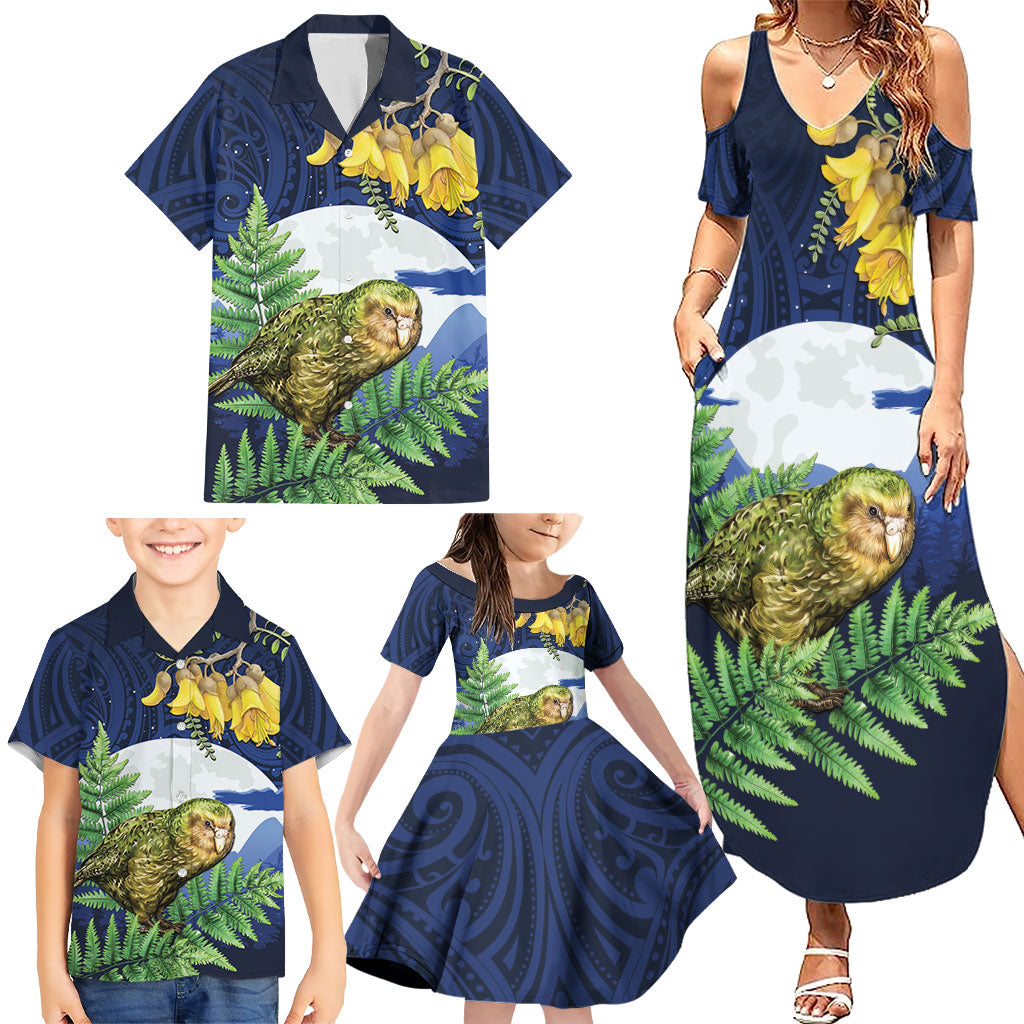 Kakapo New Zealand Personalised Family Matching Summer Maxi Dress and Hawaiian Shirt Kowhai Flower Silver Fern Maori Pattern LT22 - Polynesian Pride