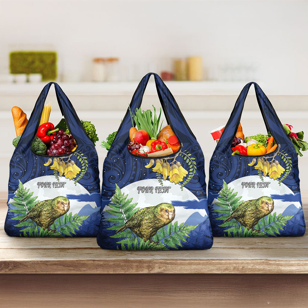 Kakapo New Zealand Personalised Grocery Bag Kowhai Flower Silver Fern Maori Pattern LT22 3-pack One Size Blue - Polynesian Pride