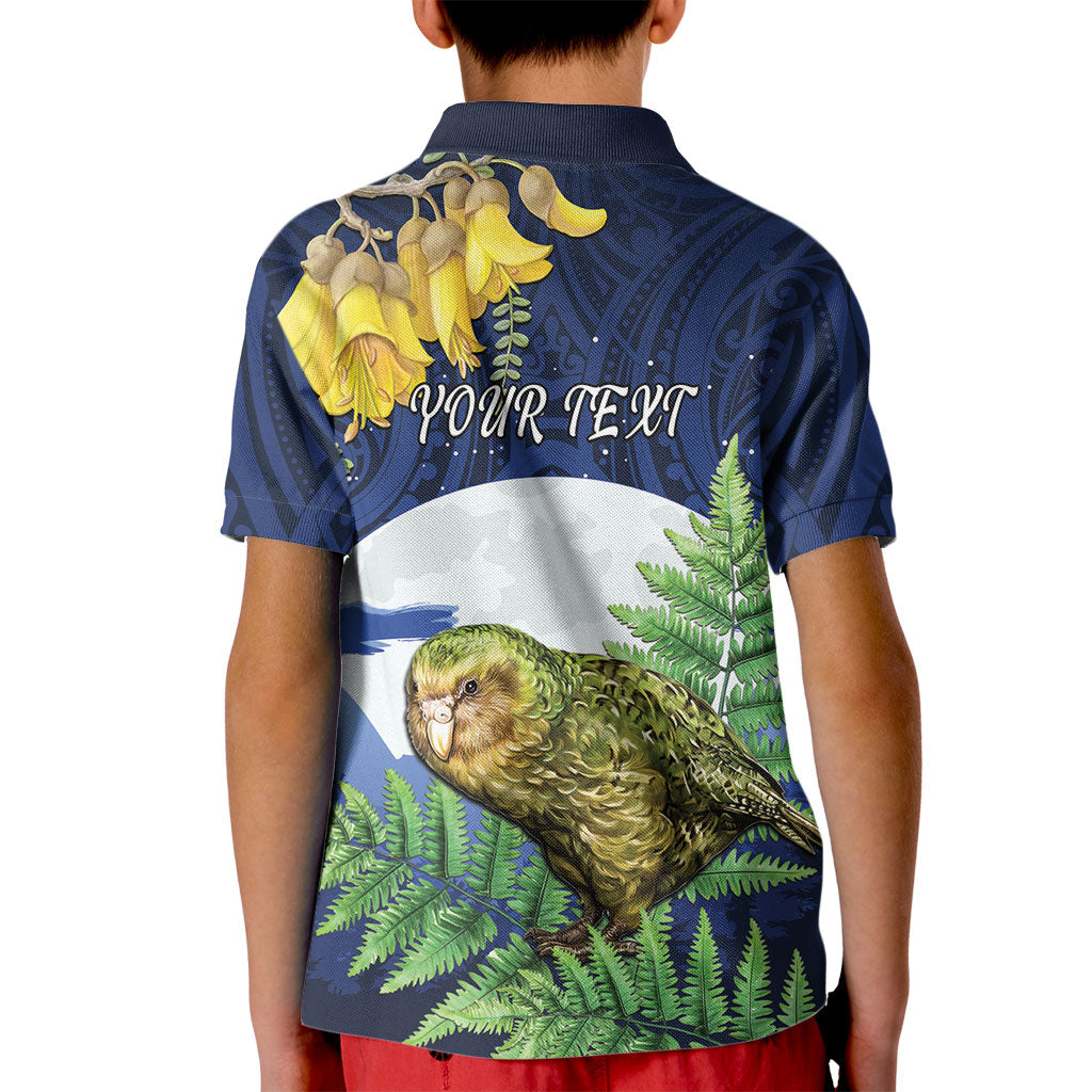 Kakapo New Zealand Personalised Kid Polo Shirt Kowhai Flower Silver Fern Maori Pattern LT22 - Polynesian Pride
