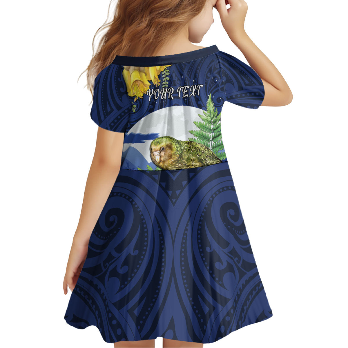 Kakapo New Zealand Personalised Kid Short Sleeve Dress Kowhai Flower Silver Fern Maori Pattern LT22 - Polynesian Pride