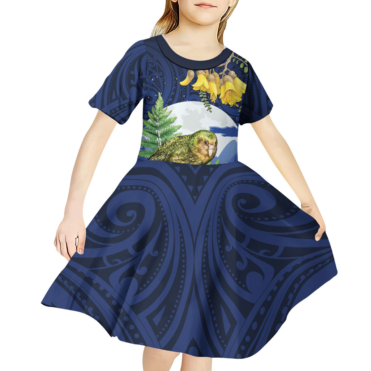 Kakapo New Zealand Personalised Kid Short Sleeve Dress Kowhai Flower Silver Fern Maori Pattern LT22 - Polynesian Pride