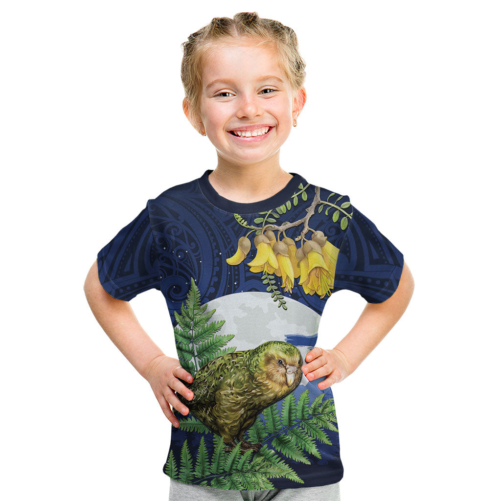 Kakapo New Zealand Personalised Kid T Shirt Kowhai Flower Silver Fern Maori Pattern LT22 Blue - Polynesian Pride