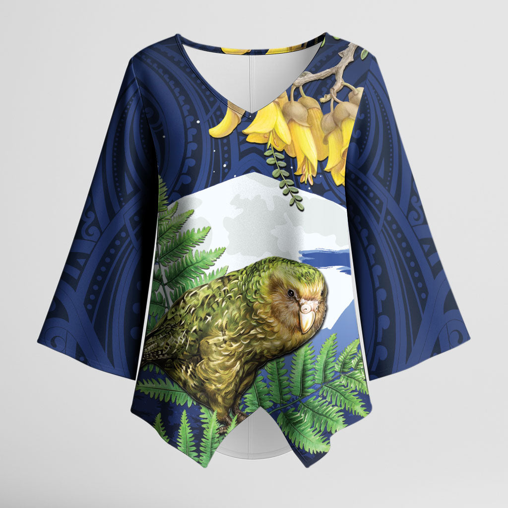 Kakapo New Zealand Personalised Kimono Sleeve Blouse Kowhai Flower Silver Fern Maori Pattern LT22 Female Blue - Polynesian Pride
