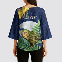 Kakapo New Zealand Personalised Kimono Sleeve Blouse Kowhai Flower Silver Fern Maori Pattern LT22 - Polynesian Pride
