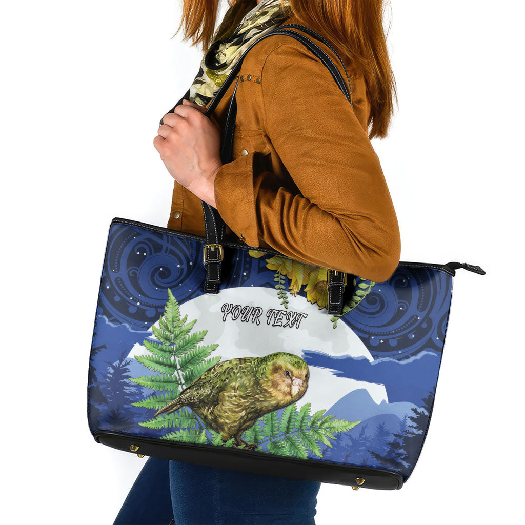 Kakapo New Zealand Personalised Leather Tote Bag Kowhai Flower Silver Fern Maori Pattern LT22 Blue - Polynesian Pride