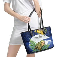 Kakapo New Zealand Personalised Leather Tote Bag Kowhai Flower Silver Fern Maori Pattern LT22 - Polynesian Pride