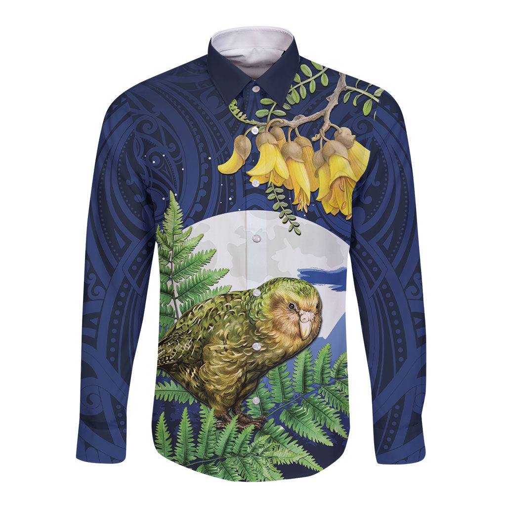 Kakapo New Zealand Personalised Long Sleeve Button Shirt Kowhai Flower Silver Fern Maori Pattern