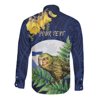 Kakapo New Zealand Personalised Long Sleeve Button Shirt Kowhai Flower Silver Fern Maori Pattern