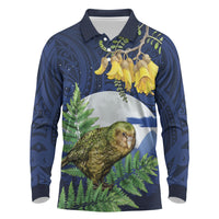 Kakapo New Zealand Personalised Long Sleeve Polo Shirt Kowhai Flower Silver Fern Maori Pattern LT22 Blue - Polynesian Pride