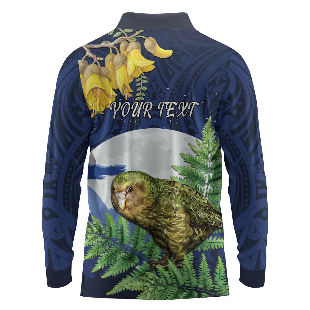 Kakapo New Zealand Personalised Long Sleeve Polo Shirt Kowhai Flower Silver Fern Maori Pattern LT22 - Polynesian Pride