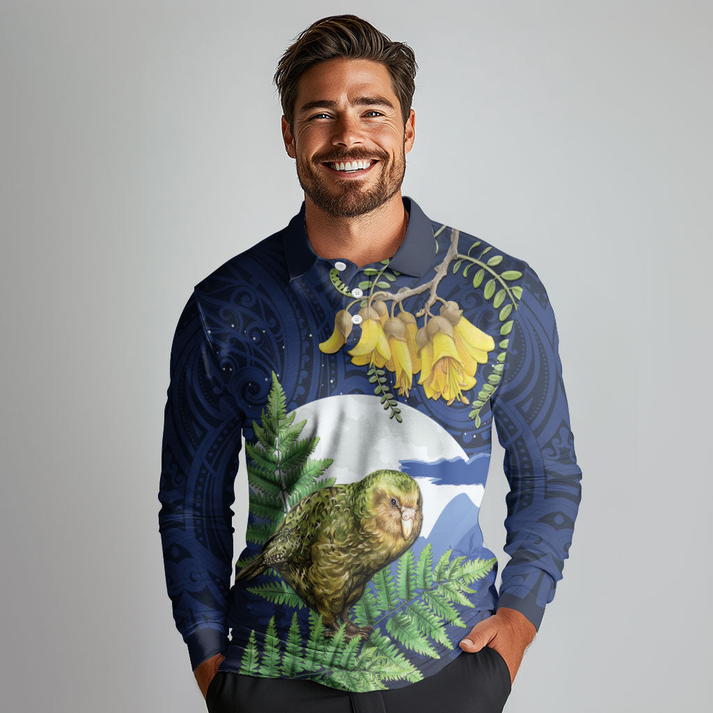 Kakapo New Zealand Personalised Long Sleeve Polo Shirt Kowhai Flower Silver Fern Maori Pattern LT22 - Polynesian Pride