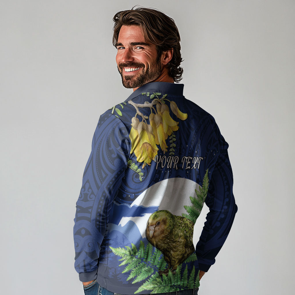 Kakapo New Zealand Personalised Long Sleeve Polo Shirt Kowhai Flower Silver Fern Maori Pattern LT22 - Polynesian Pride