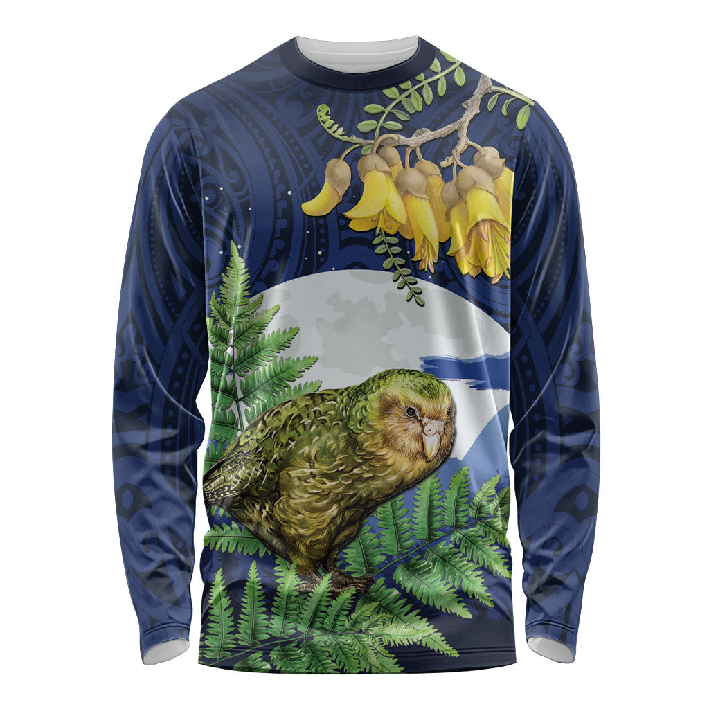 Kakapo New Zealand Personalised Long Sleeve Shirt Kowhai Flower Silver Fern Maori Pattern