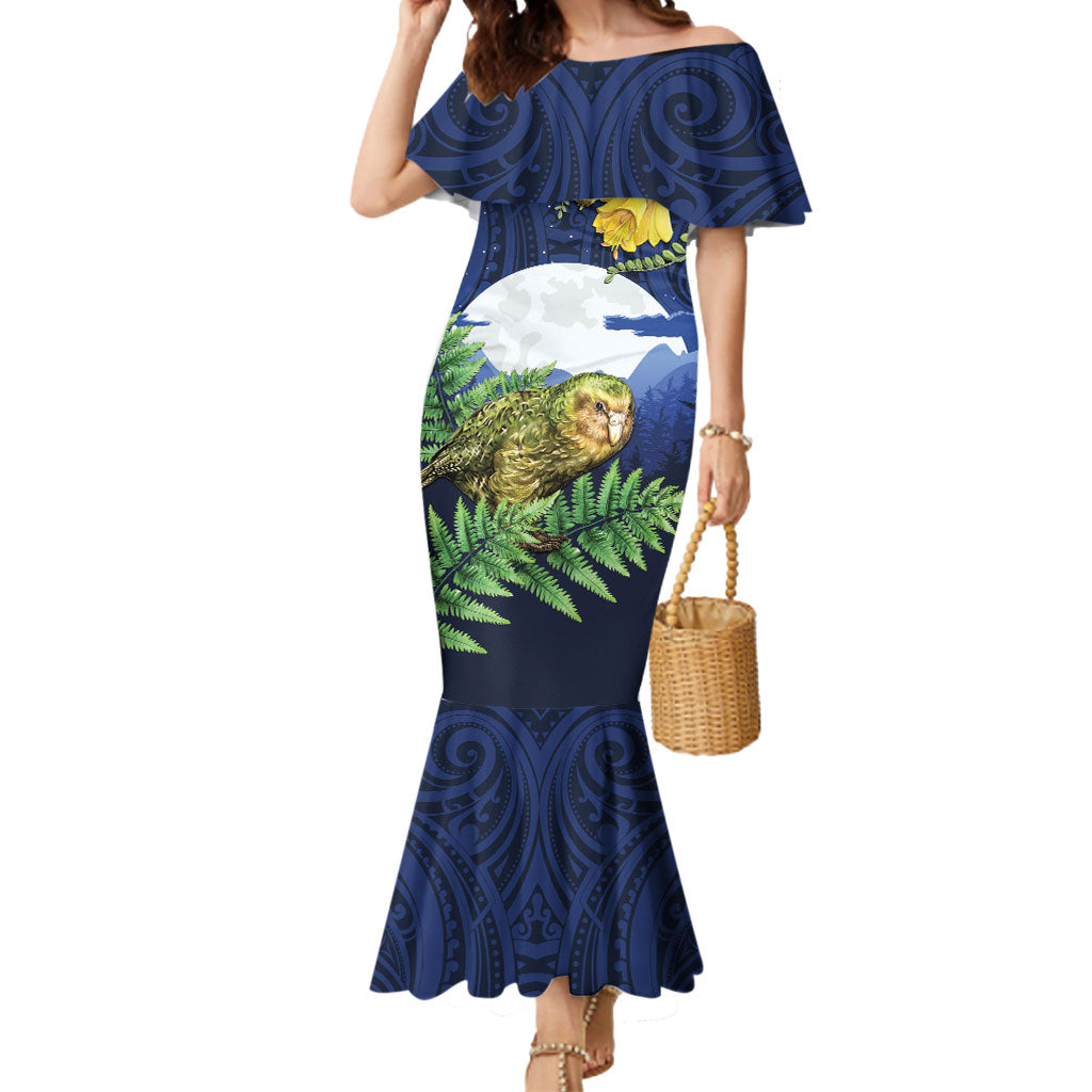 Kakapo New Zealand Personalised Mermaid Dress Kowhai Flower Silver Fern Maori Pattern