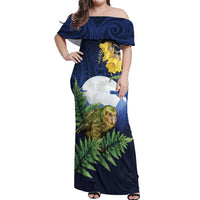 Kakapo New Zealand Personalised Off Shoulder Maxi Dress Kowhai Flower Silver Fern Maori Pattern LT22 Women Blue - Polynesian Pride