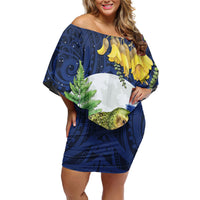 Kakapo New Zealand Personalised Off Shoulder Short Dress Kowhai Flower Silver Fern Maori Pattern LT22 Women Blue - Polynesian Pride