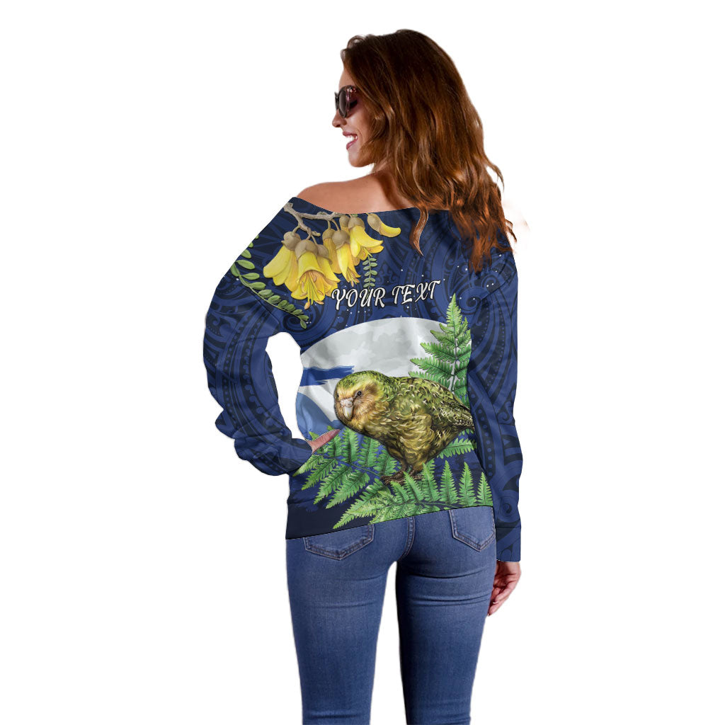 Kakapo New Zealand Personalised Off Shoulder Sweater Kowhai Flower Silver Fern Maori Pattern