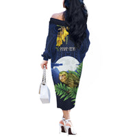 Kakapo New Zealand Personalised Off The Shoulder Long Sleeve Dress Kowhai Flower Silver Fern Maori Pattern LT22 - Polynesian Pride
