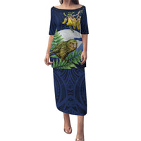 Kakapo New Zealand Personalised Puletasi Kowhai Flower Silver Fern Maori Pattern