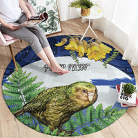 Kakapo New Zealand Personalised Round Carpet Kowhai Flower Silver Fern Maori Pattern