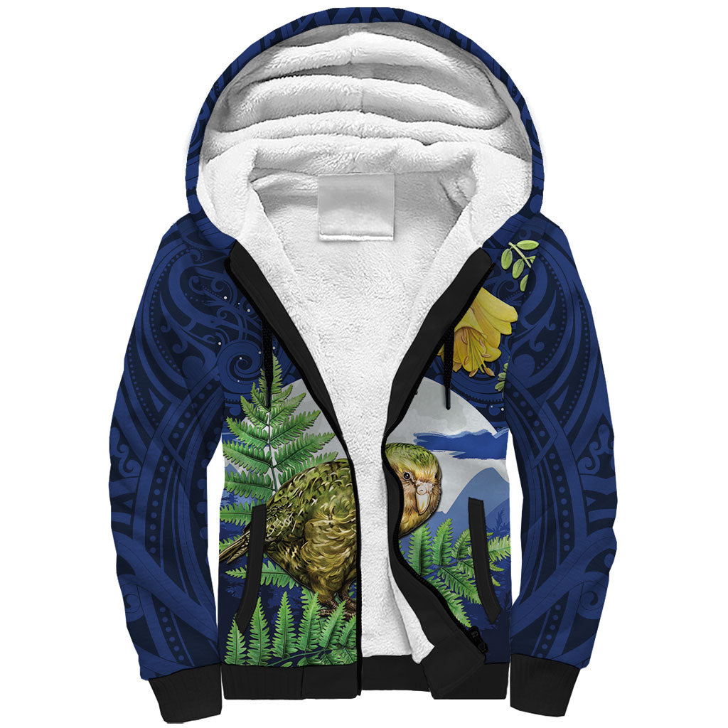 Kakapo New Zealand Personalised Sherpa Hoodie Kowhai Flower Silver Fern Maori Pattern LT22 Unisex Blue - Polynesian Pride