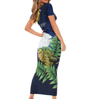 Kakapo New Zealand Personalised Short Sleeve Bodycon Dress Kowhai Flower Silver Fern Maori Pattern LT22 - Polynesian Pride