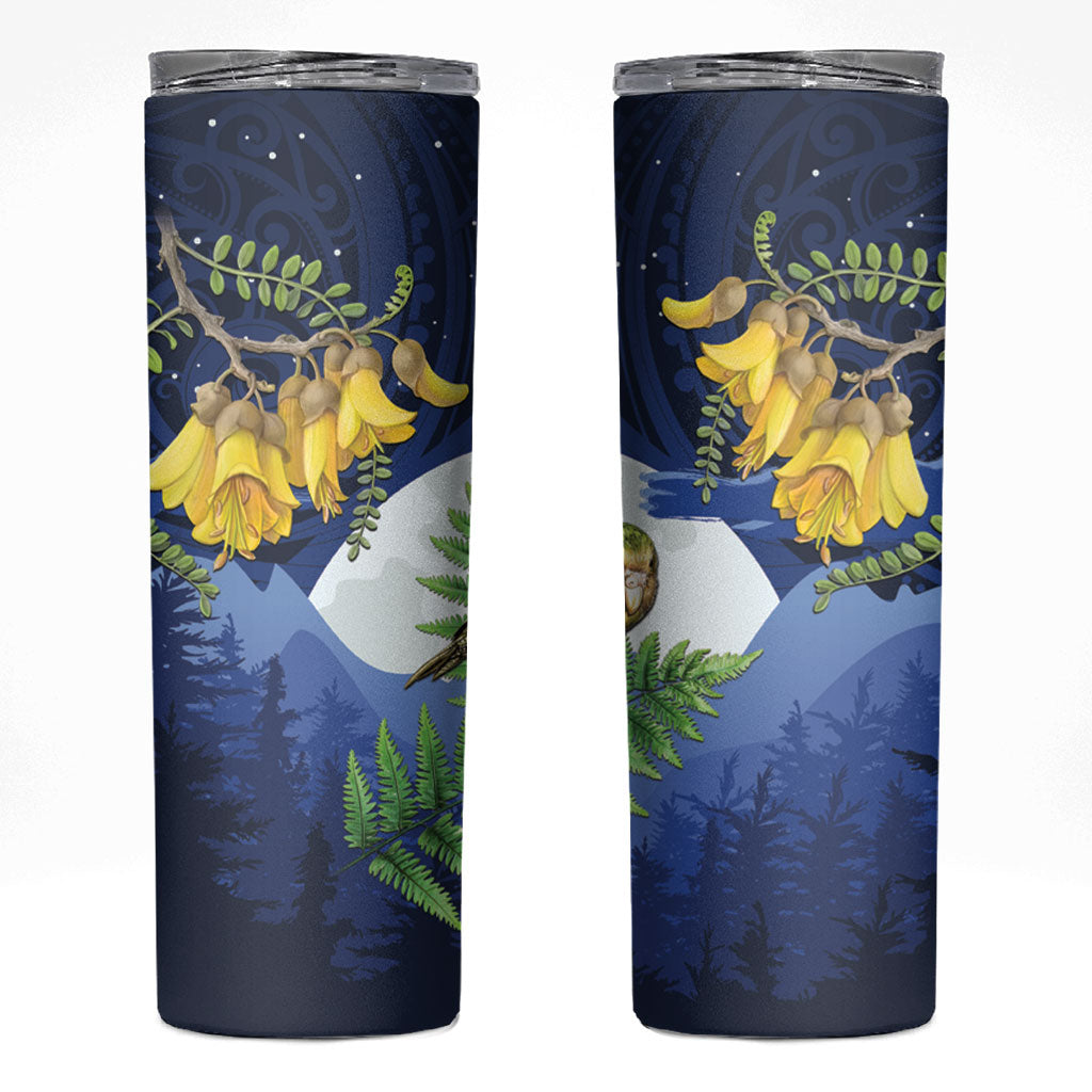 Kakapo New Zealand Personalised Skinny Tumbler Kowhai Flower Silver Fern Maori Pattern LT22 Blue - Polynesian Pride