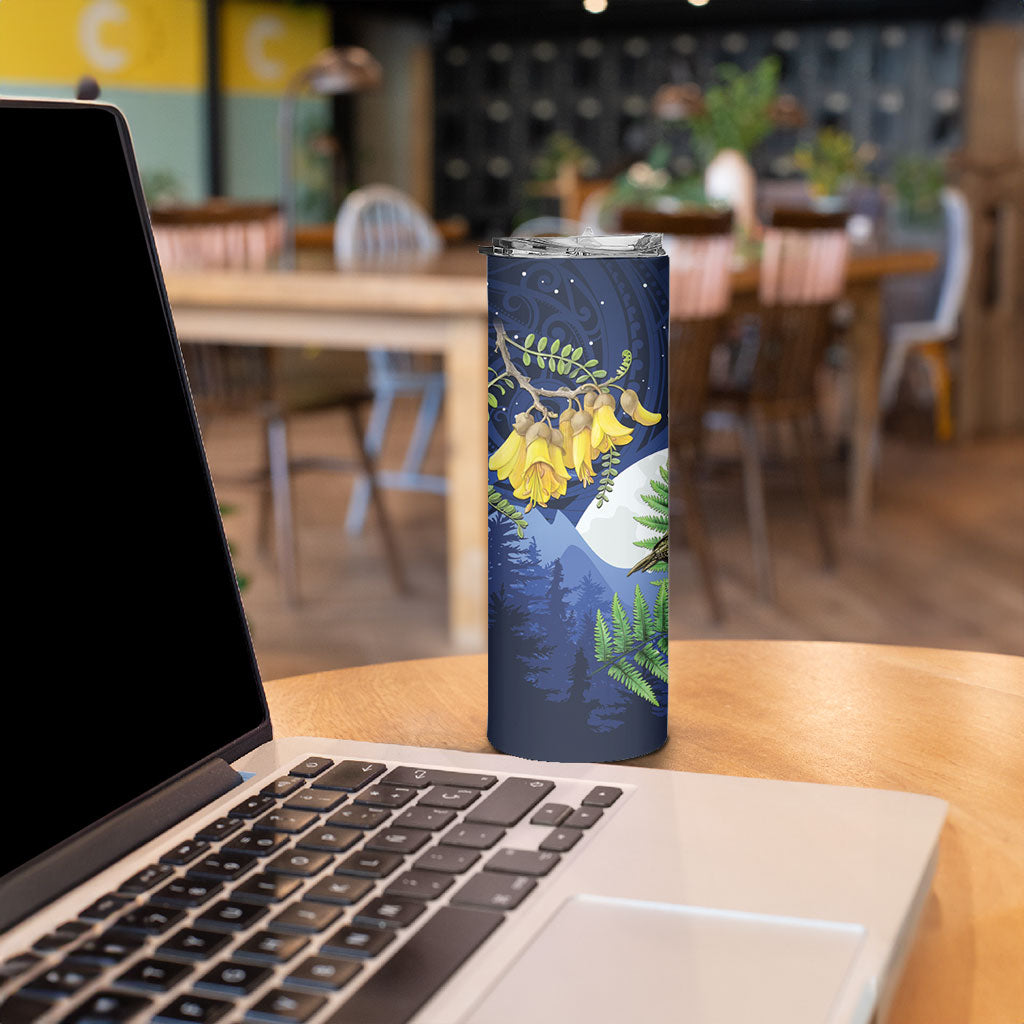Kakapo New Zealand Personalised Skinny Tumbler Kowhai Flower Silver Fern Maori Pattern LT22 - Polynesian Pride