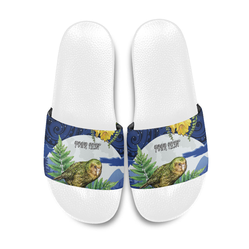 Kakapo New Zealand Personalised Slide Sandals Kowhai Flower Silver Fern Maori Pattern