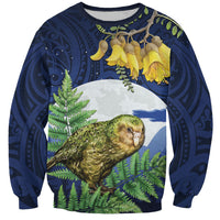 Kakapo New Zealand Personalised Sweatshirt Kowhai Flower Silver Fern Maori Pattern LT22 Unisex Blue - Polynesian Pride