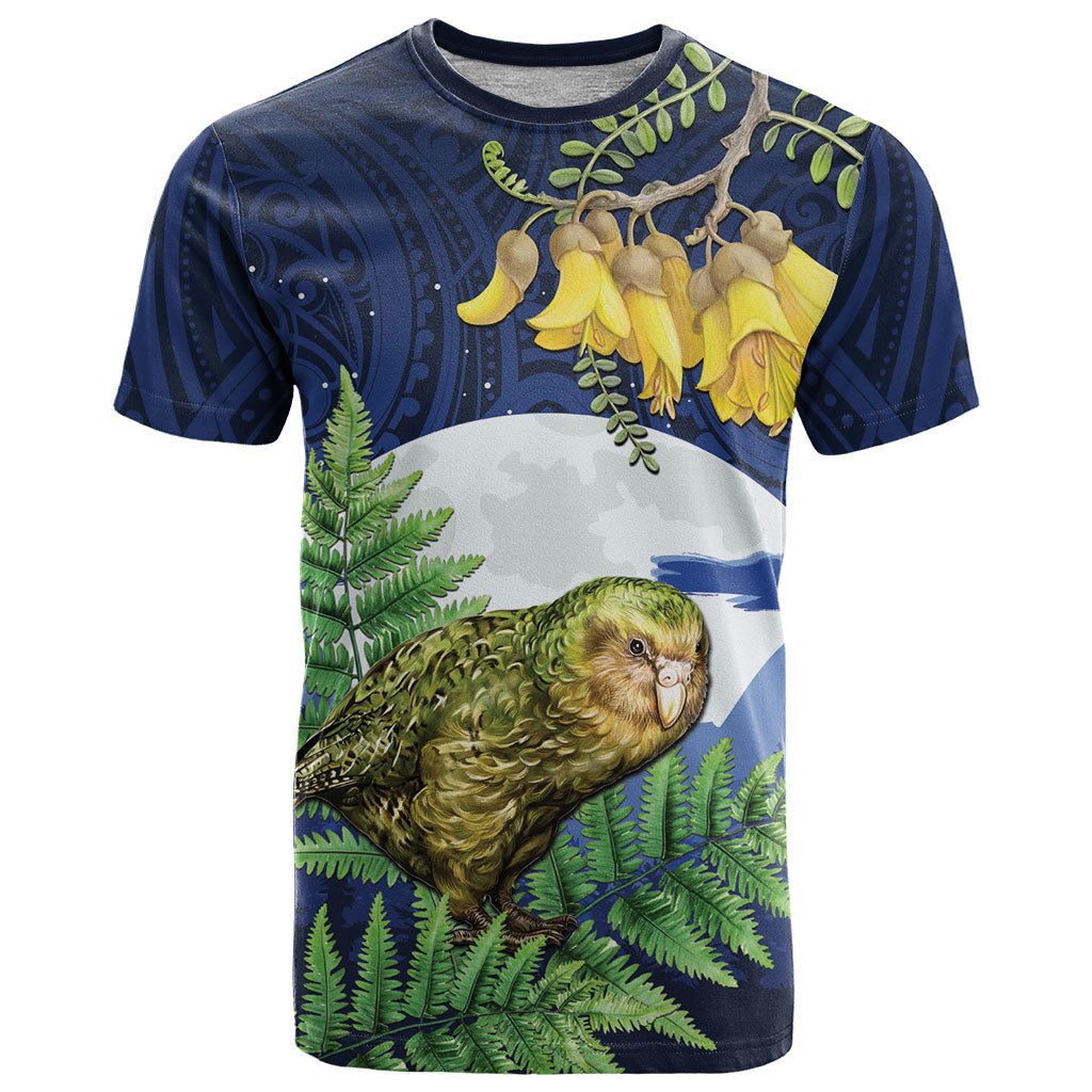 Kakapo New Zealand Personalised T Shirt Kowhai Flower Silver Fern Maori Pattern LT22 Blue - Polynesian Pride